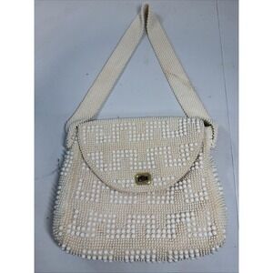 VTG Cream White Plastic Beaded Shoulder Bag Made Hong Kong‎ 60s 70s Purse